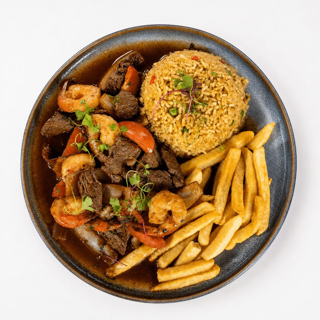 Saltado Mar & Tierra (Beef Tenderloin & Shrimp).