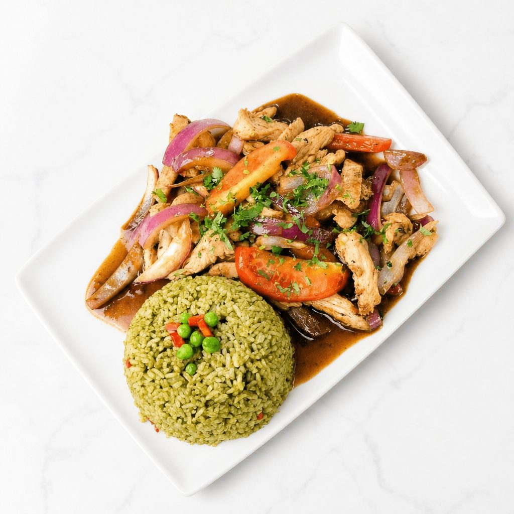 Cilantro Rice with Pollo Saltado.