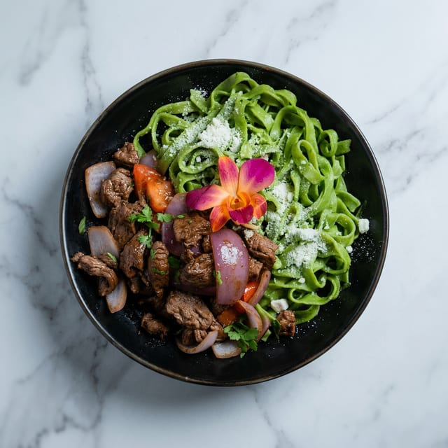 Tallarin Verde Lomo Saltado - Beef Tenderloin.