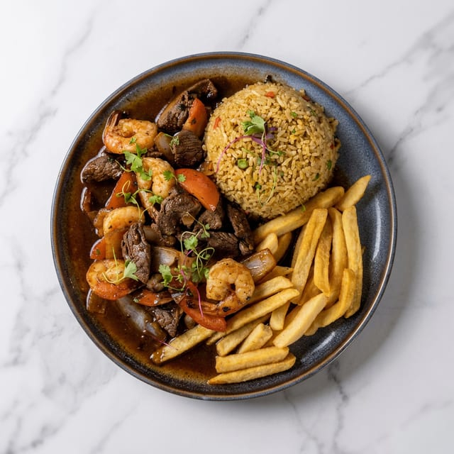 Saltado Mar & Tierra (Beef Tenderloin & Shrimp).