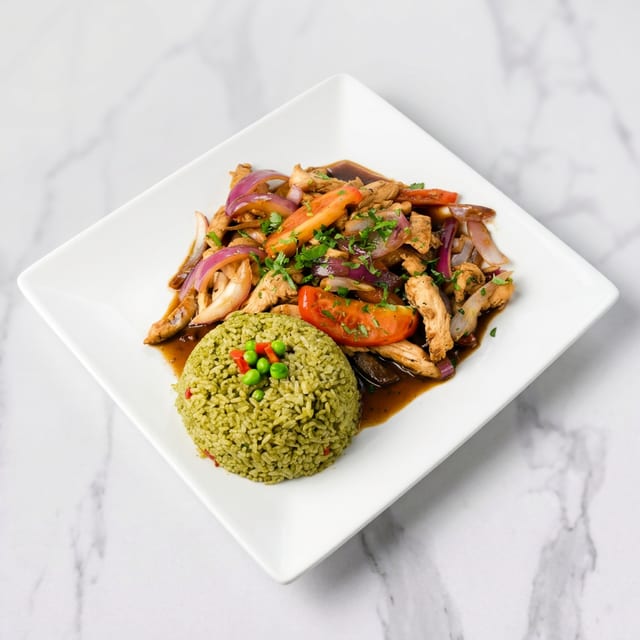 Cilantro Rice with Pollo Saltado.